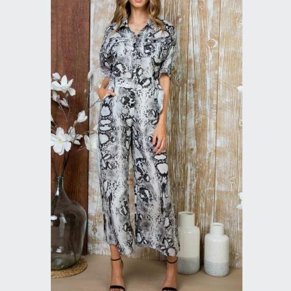 Snake Print Belted Wide Leg Jumpsuit - Picture 3 of 5